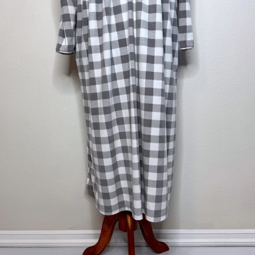 LANZ Of SALZBURG Fleece Long Nightgown MED Gray Plaid Lace Trim Cottage Core